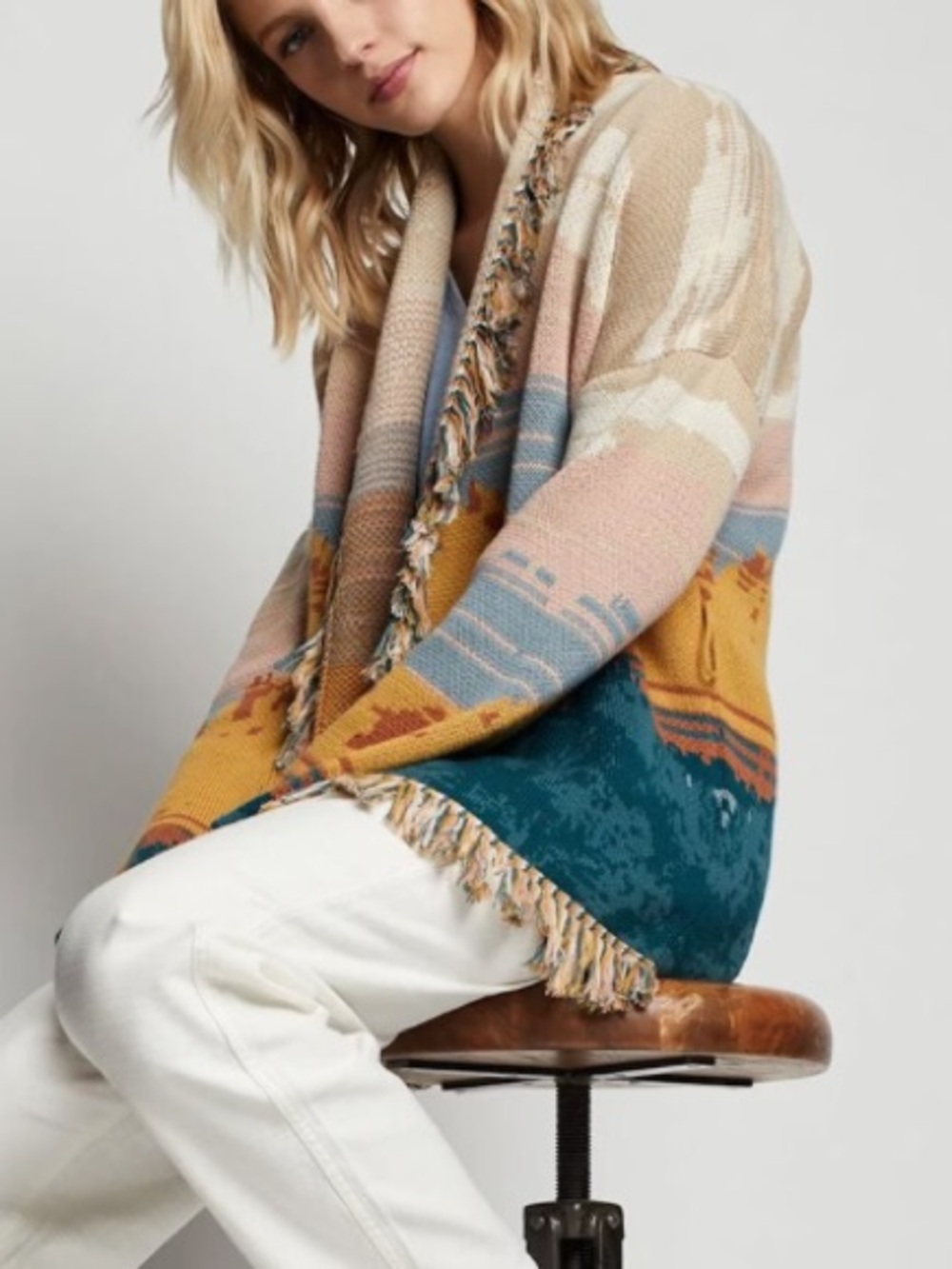 Pendleton 100% Fringe Cotton Columbia Shawl Collar Cardigan L - Picture 2 of 8